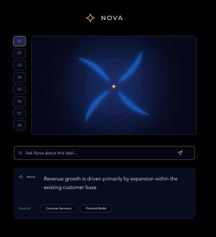 Nova, the intelligence layer inside Investor Hive, answering a question about a deal
