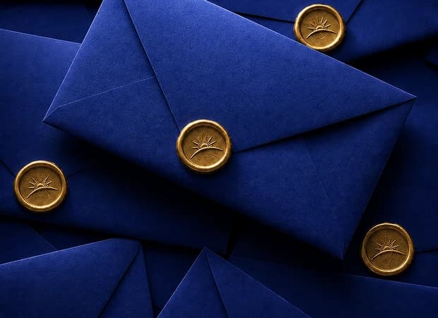 Sealed invitation envelopes with gold Next Edge Alliance seals